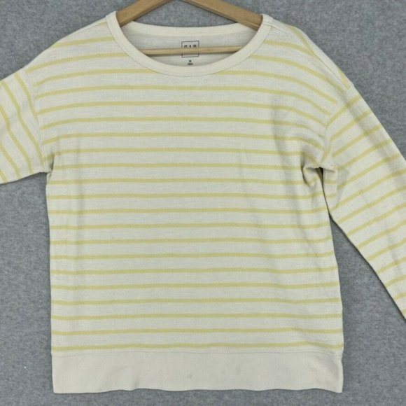 GAP Womens Striped Crew Neck Long Sleeve Shirt Top Size Medium White Yellow - Picture 2 of 8